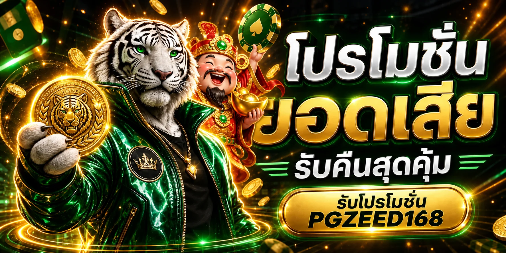 แบนเนอร์โปรโมชั่น PGZEED168 พร้อมมาสคอตเสือขาว